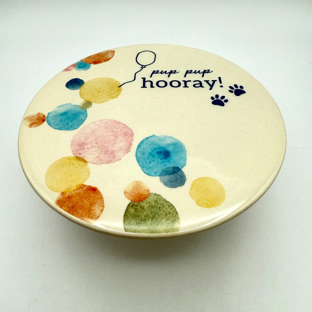 Dog Birthday Cake Stand Pup Pup Hooray Ceramic Balloon Paw Prints Pet Decor 7"